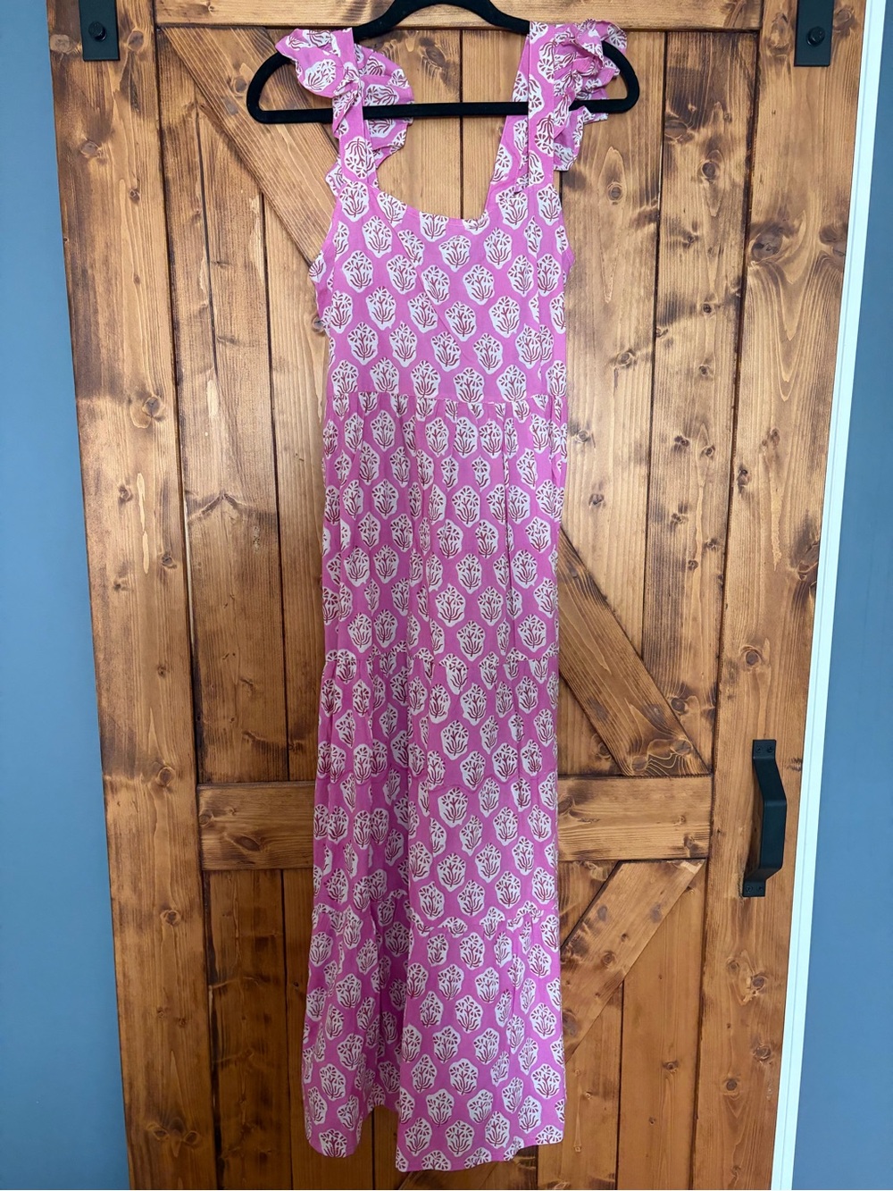 Pink Block Print Ruffle Strap Maxi Dress